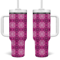 Pink Hawaiian Quilt Tumbler With Handle Hawaii Pineapple Monstera Palaka Motifs - Polynesian Pride