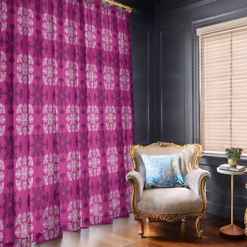 Pink Hawaiian Quilt Window Curtain Hawaii Pineapple Monstera Palaka Motifs - Polynesian Pride