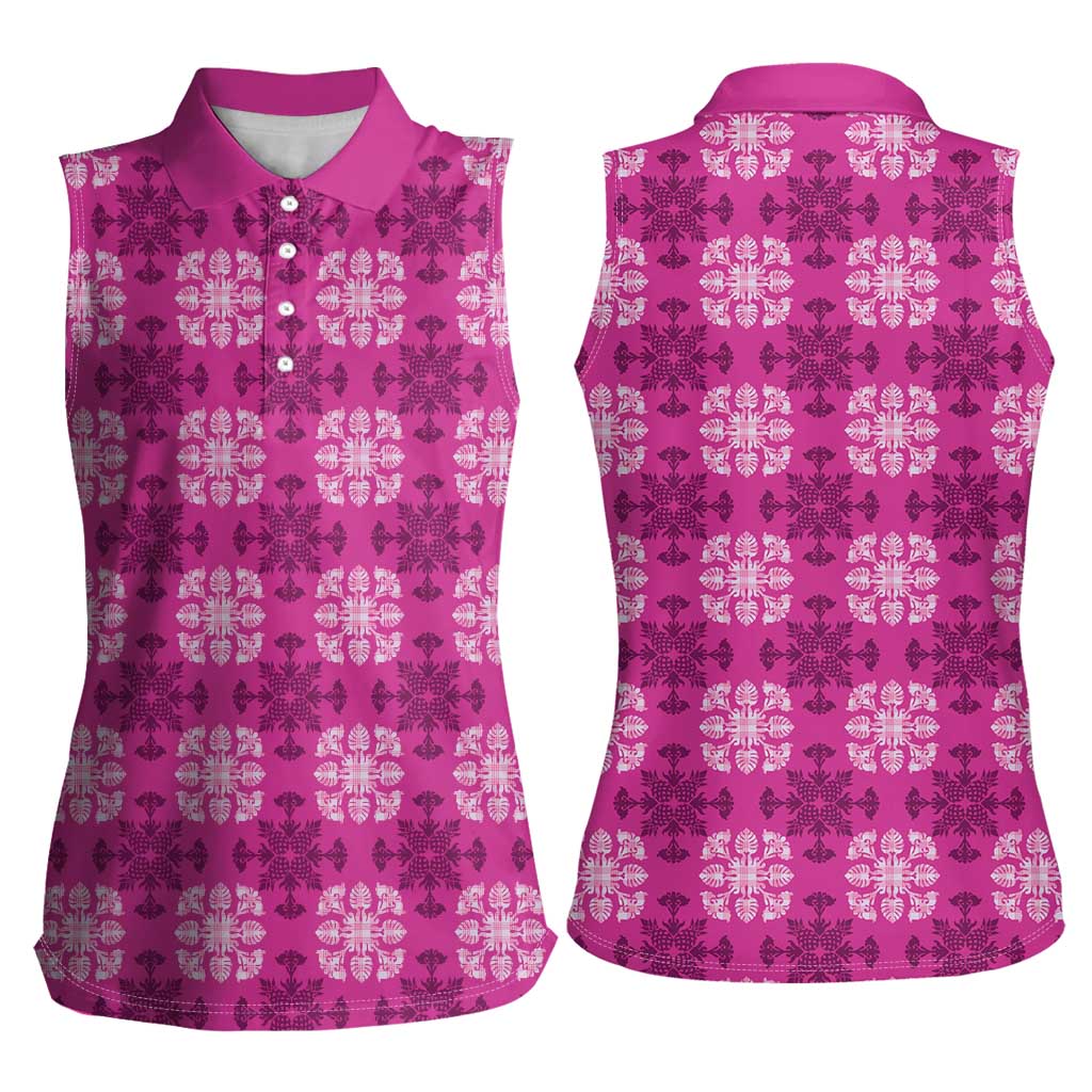 Pink Hawaiian Quilt Women Sleeveless Polo Shirt Hawaii Pineapple Monstera Palaka Motifs - Polynesian Pride