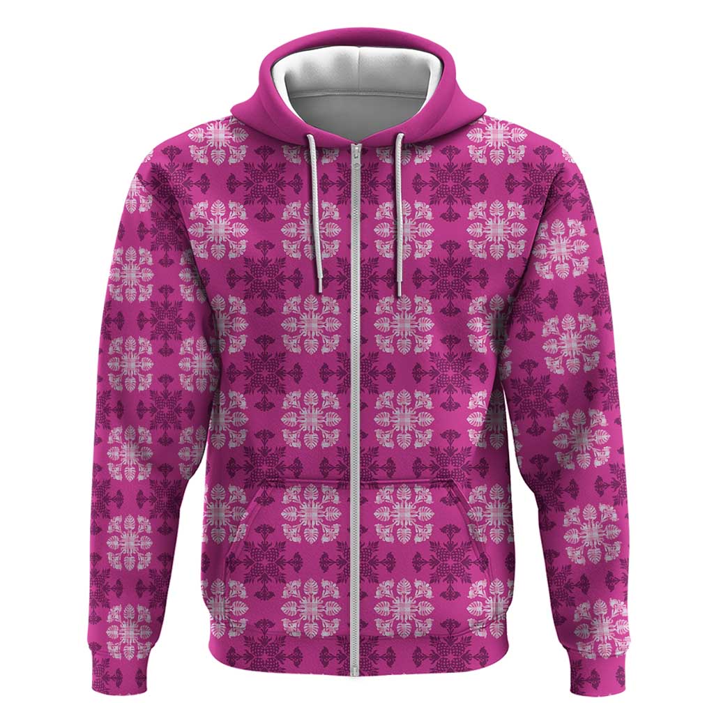 Pink Hawaiian Quilt Zip Hoodie Hawaii Pineapple Monstera Palaka Motifs LT14 Zip Hoodie Pink - Polynesian Pride