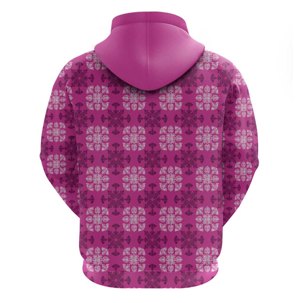 Pink Hawaiian Quilt Zip Hoodie Hawaii Pineapple Monstera Palaka Motifs LT14 - Polynesian Pride