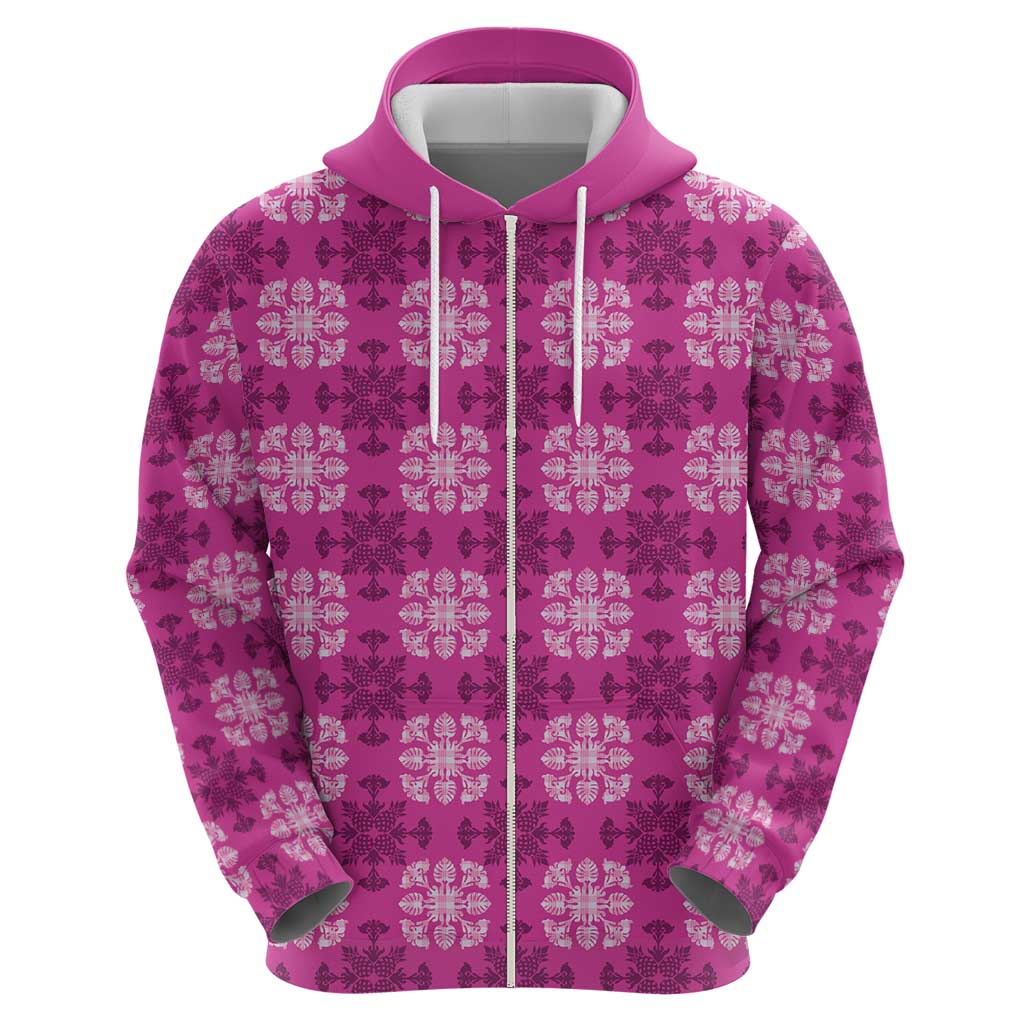 Pink Hawaiian Quilt Zip Hoodie Hawaii Pineapple Monstera Palaka Motifs LT14 - Polynesian Pride