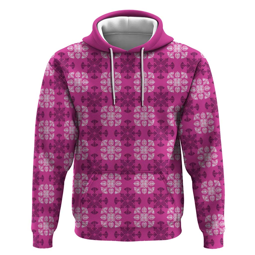 Pink Hawaiian Quilt Zip Hoodie Hawaii Pineapple Monstera Palaka Motifs LT14 Pullover Hoodie Pink - Polynesian Pride