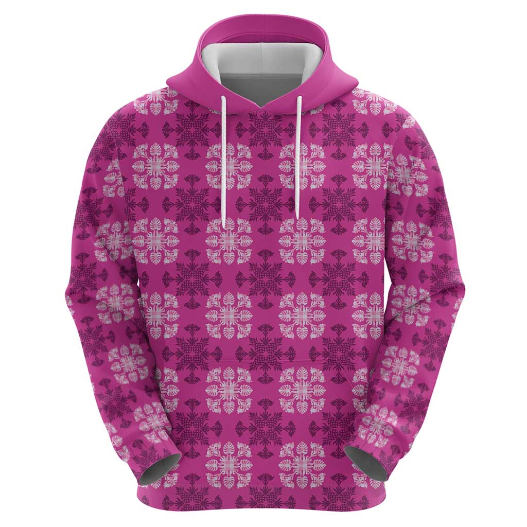 Pink Hawaiian Quilt Zip Hoodie Hawaii Pineapple Monstera Palaka Motifs LT14 - Polynesian Pride