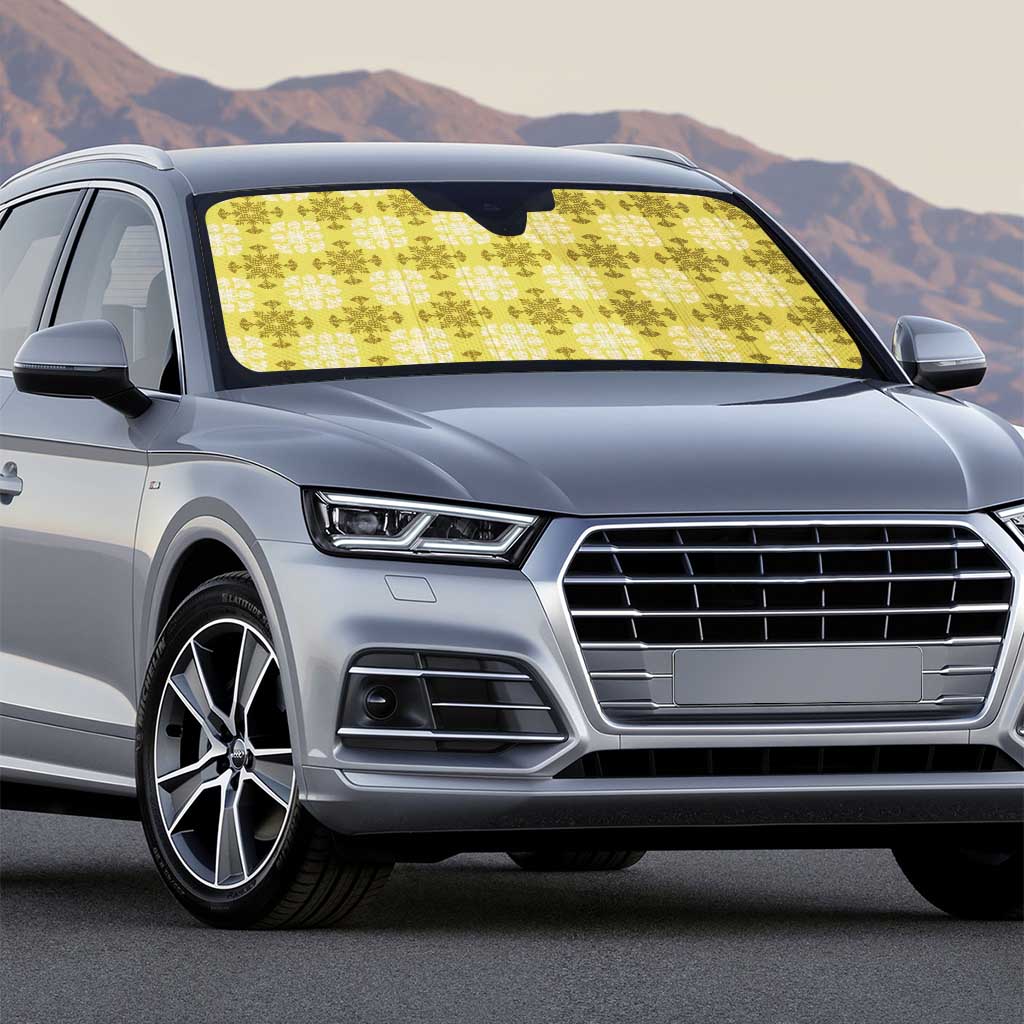 Yellow Hawaiian Quilt Auto Sun Shade Hawaii Pineapple Monstera Palaka Motifs - Polynesian Pride