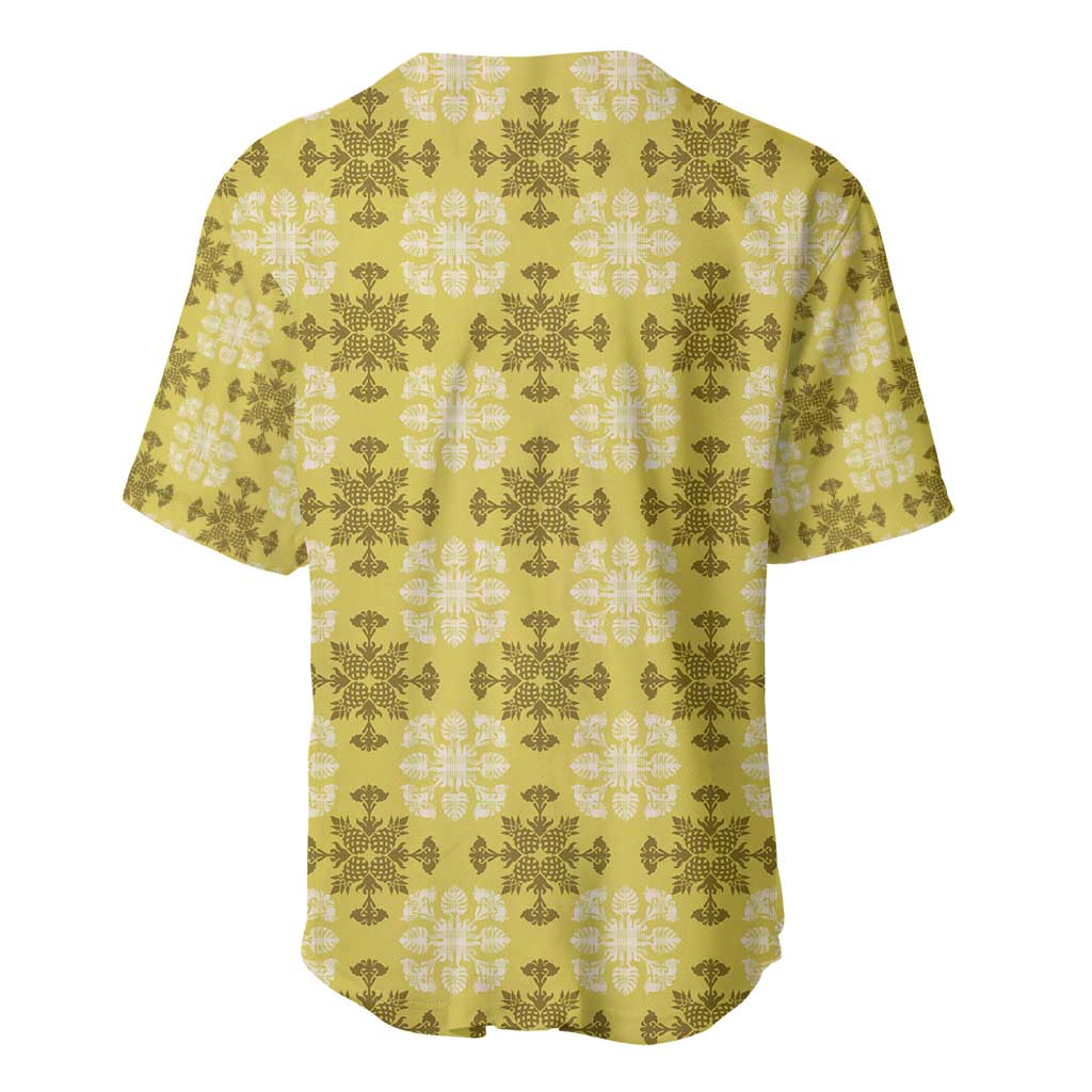 Yellow Hawaiian Quilt Baseball Jersey Hawaii Pineapple Monstera Palaka Motifs LT14 - Polynesian Pride