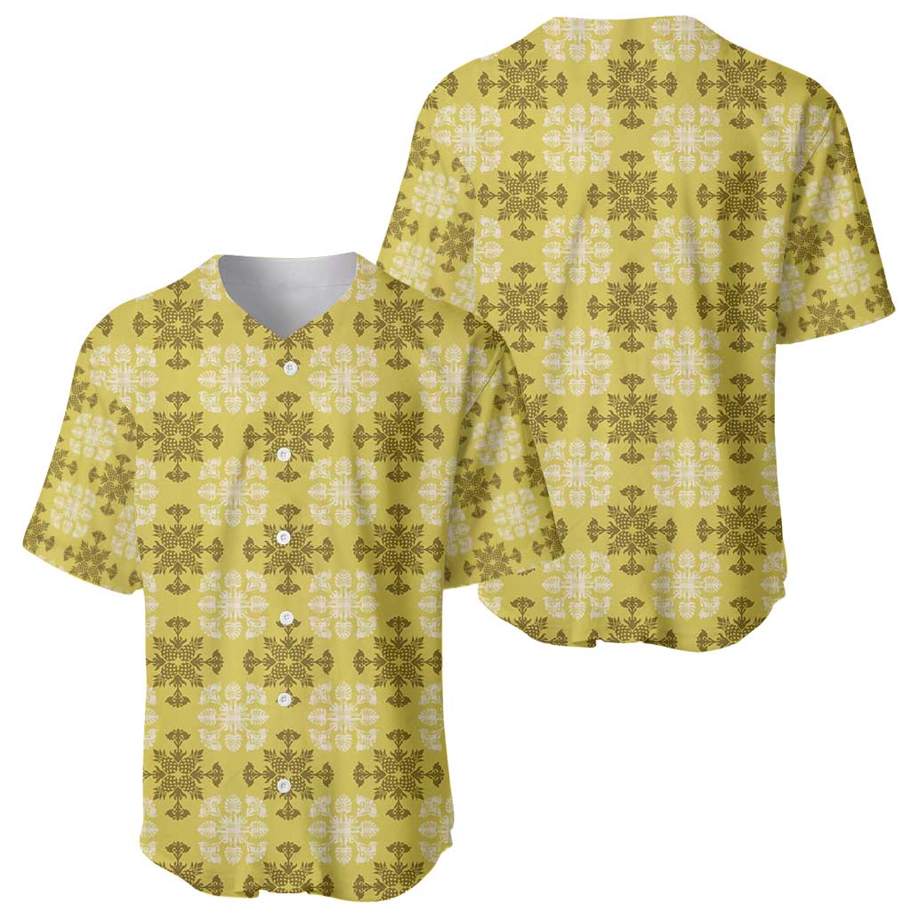 Yellow Hawaiian Quilt Baseball Jersey Hawaii Pineapple Monstera Palaka Motifs LT14 - Polynesian Pride