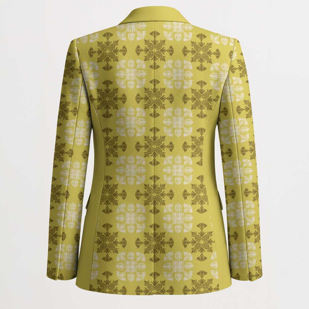 Yellow Hawaiian Quilt Blazer Hawaii Pineapple Monstera Palaka Motifs LT14 - Polynesian Pride
