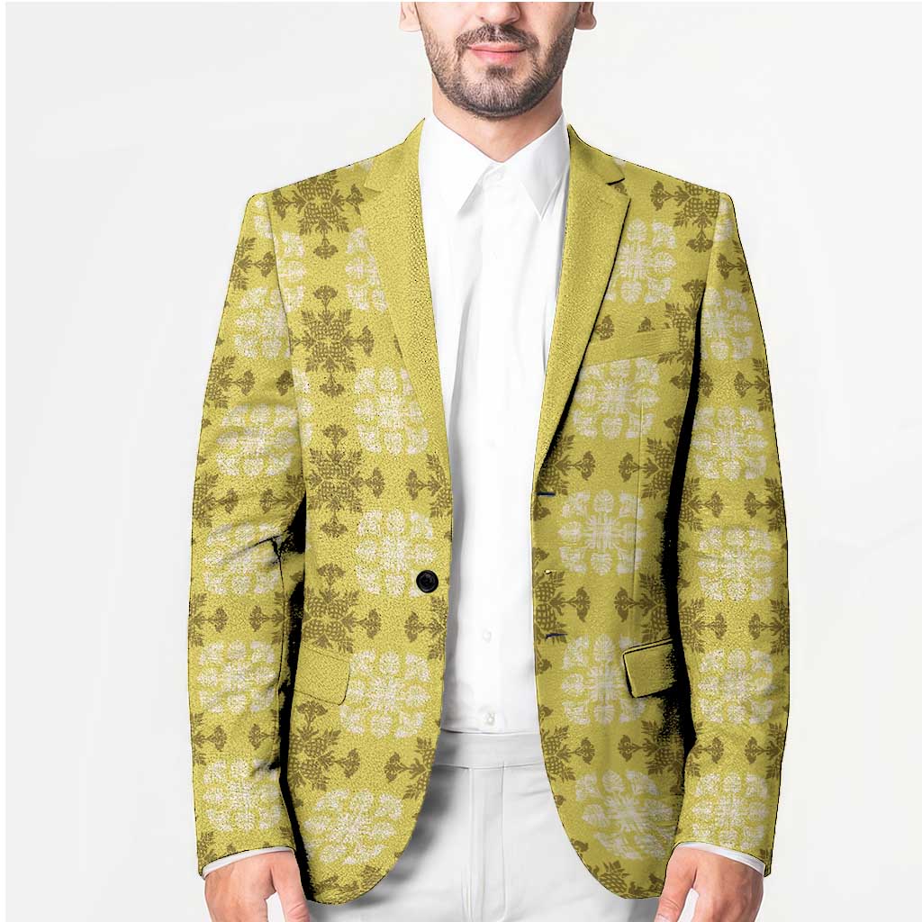 Yellow Hawaiian Quilt Blazer Hawaii Pineapple Monstera Palaka Motifs LT14 - Polynesian Pride