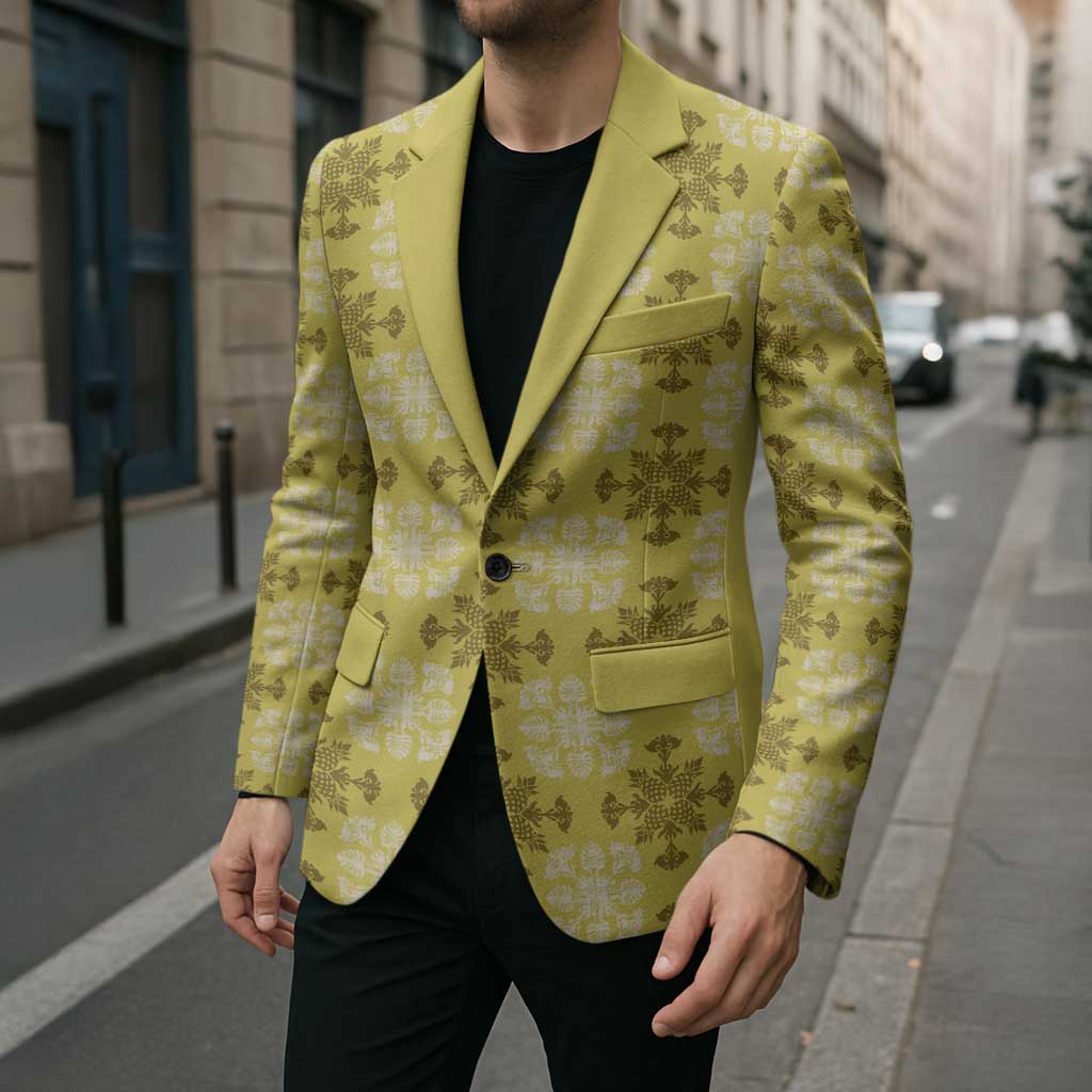Yellow Hawaiian Quilt Blazer Hawaii Pineapple Monstera Palaka Motifs LT14 - Polynesian Pride