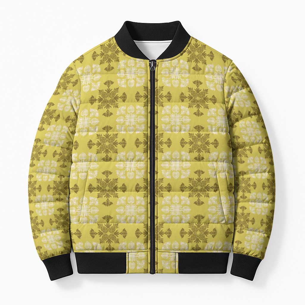 Yellow Hawaiian Quilt Bomber Puffer Jacket Hawaii Pineapple Monstera Palaka Motifs - Polynesian Pride