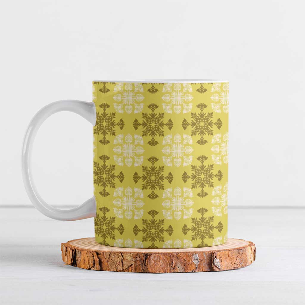 Yellow Hawaiian Quilt Ceramic Mug Hawaii Pineapple Monstera Palaka Motifs - Polynesian Pride