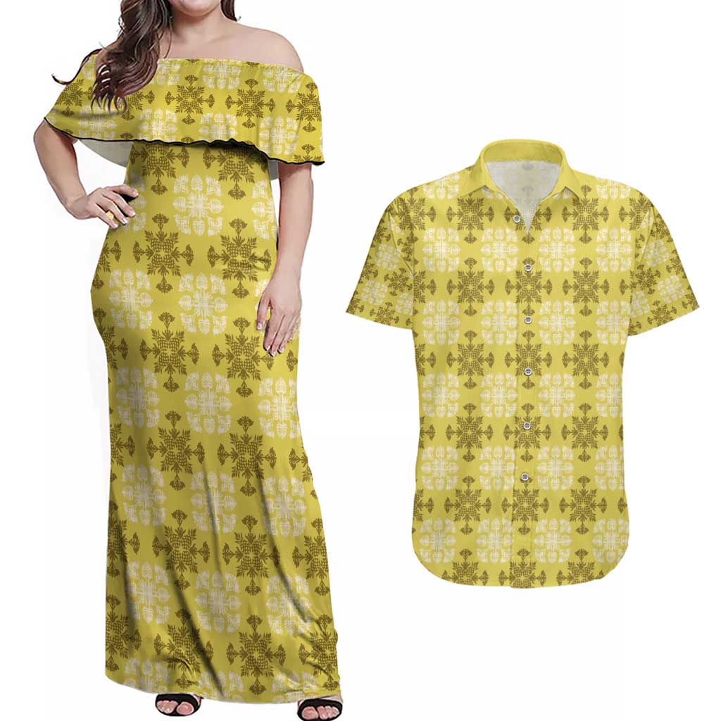 Yellow Hawaiian Quilt Couples Matching Off Shoulder Maxi Dress and Hawaiian Shirt Hawaii Pineapple Monstera Palaka Motifs - Polynesian Pride