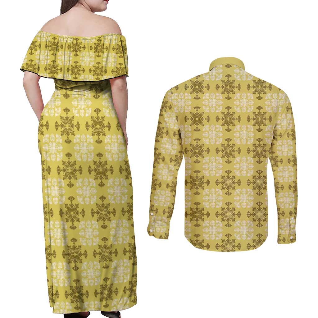 Yellow Hawaiian Quilt Couples Matching Off Shoulder Maxi Dress and Long Sleeve Button Shirt Hawaii Pineapple Monstera Palaka Motifs - Polynesian Pride