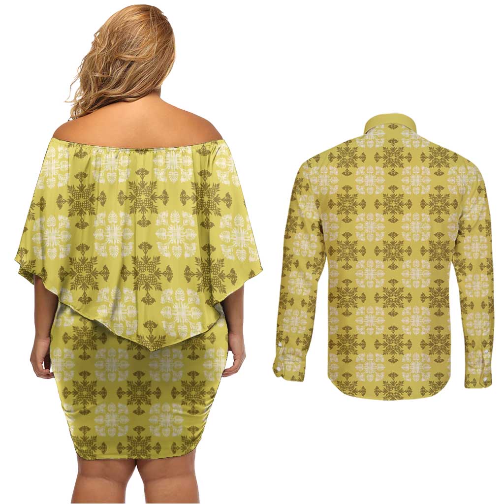Yellow Hawaiian Quilt Couples Matching Off Shoulder Short Dress and Long Sleeve Button Shirt Hawaii Pineapple Monstera Palaka Motifs - Polynesian Pride