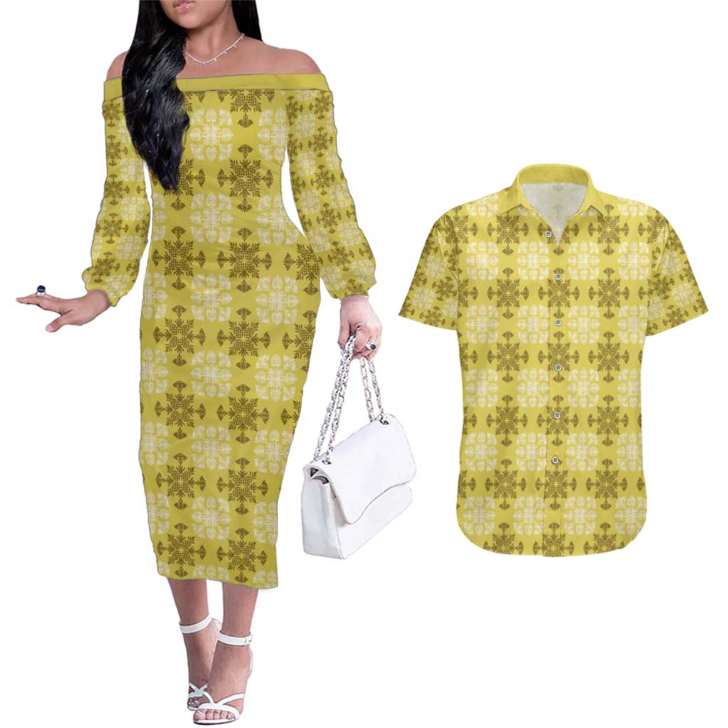 Yellow Hawaiian Quilt Couples Matching Off The Shoulder Long Sleeve Dress and Hawaiian Shirt Hawaii Pineapple Monstera Palaka Motifs - Polynesian Pride