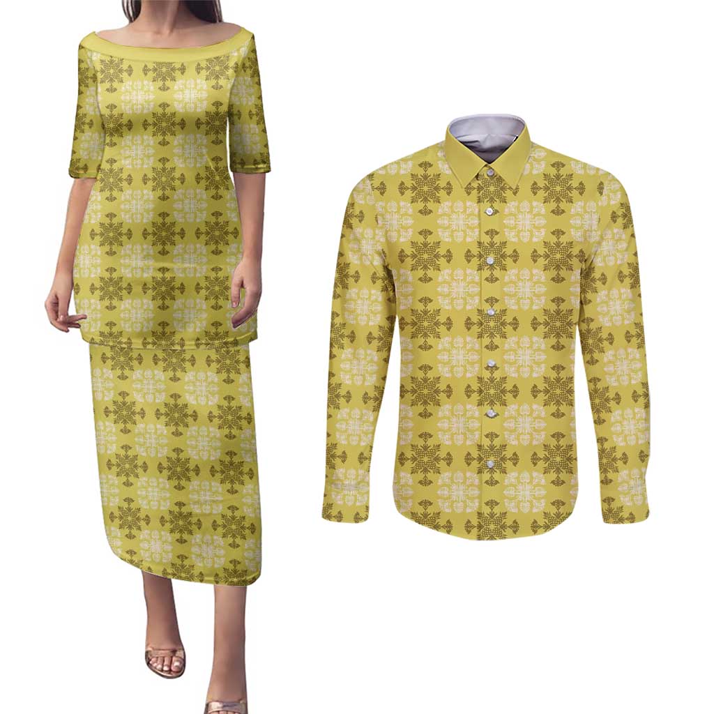 Yellow Hawaiian Quilt Couples Matching Puletasi and Long Sleeve Button Shirt Hawaii Pineapple Monstera Palaka Motifs - Polynesian Pride