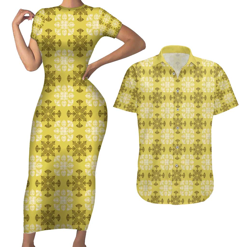 Yellow Hawaiian Quilt Couples Matching Short Sleeve Bodycon Dress and Hawaiian Shirt Hawaii Pineapple Monstera Palaka Motifs - Polynesian Pride