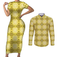 Yellow Hawaiian Quilt Couples Matching Short Sleeve Bodycon Dress and Long Sleeve Button Shirt Hawaii Pineapple Monstera Palaka Motifs - Polynesian Pride