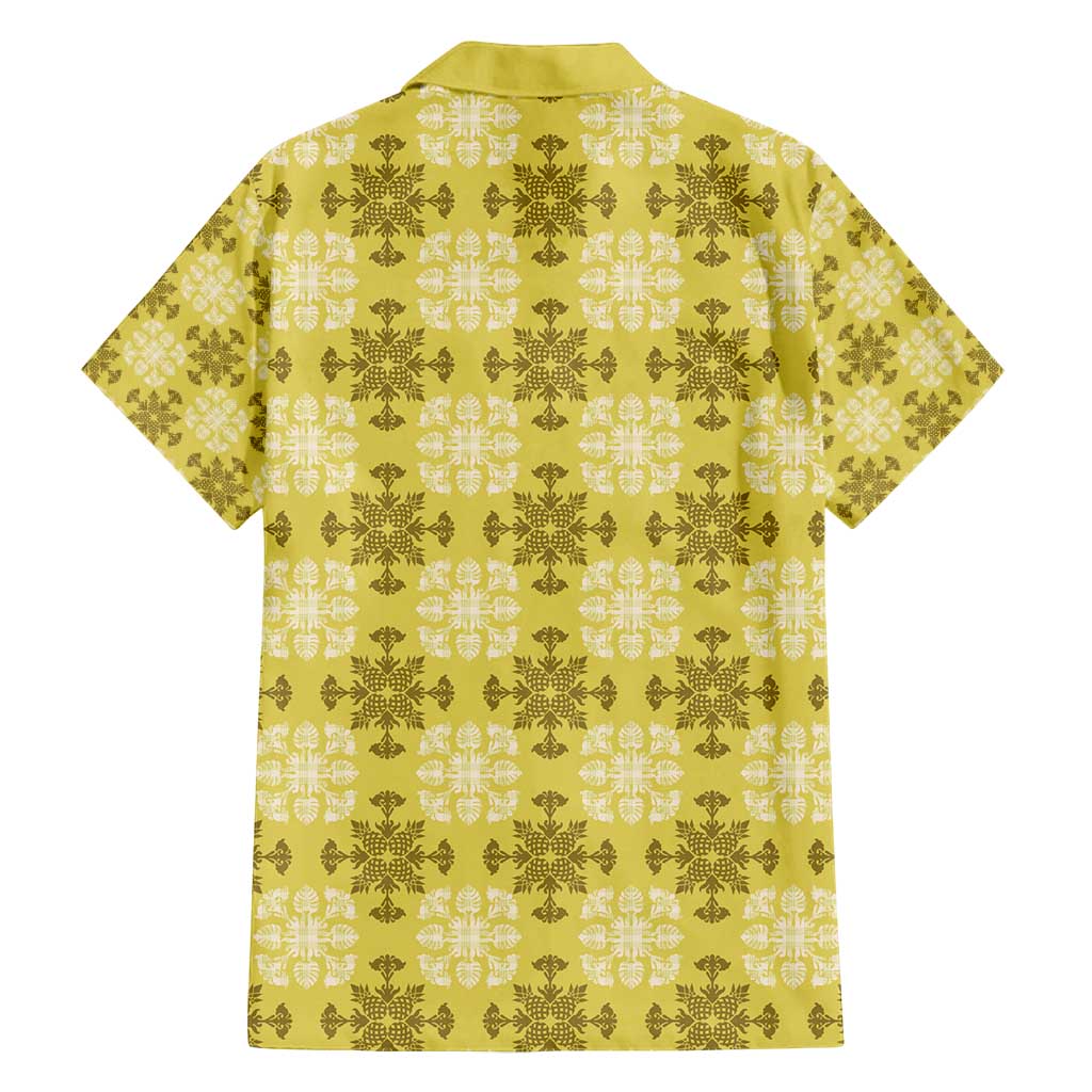 Yellow Hawaiian Quilt Family Matching Long Sleeve Bodycon Dress and Hawaiian Shirt Hawaii Pineapple Monstera Palaka Motifs - Polynesian Pride