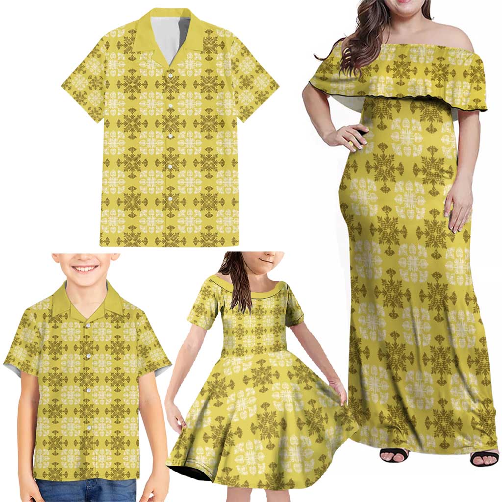 Yellow Hawaiian Quilt Family Matching Off Shoulder Maxi Dress and Hawaiian Shirt Hawaii Pineapple Monstera Palaka Motifs - Polynesian Pride
