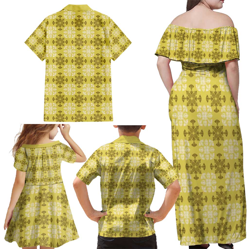 Yellow Hawaiian Quilt Family Matching Off Shoulder Maxi Dress and Hawaiian Shirt Hawaii Pineapple Monstera Palaka Motifs - Polynesian Pride