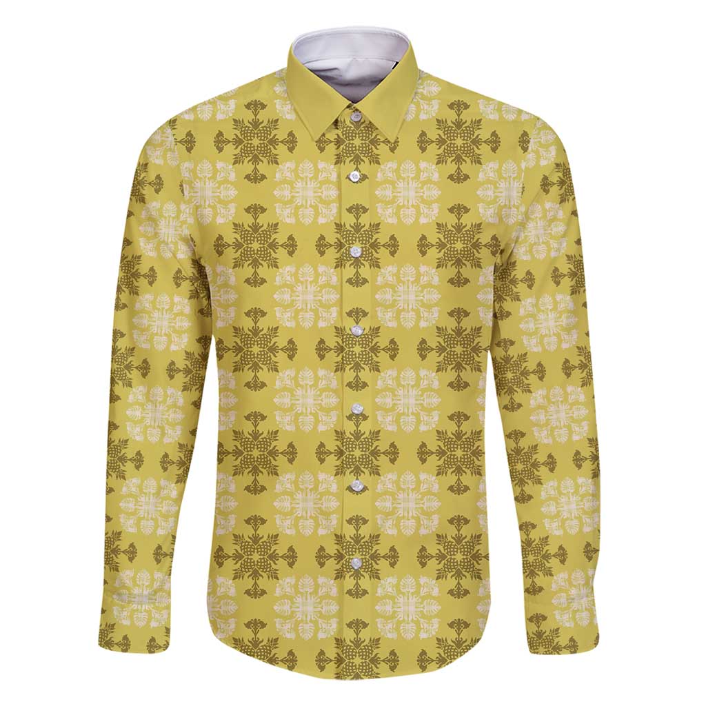 Yellow Hawaiian Quilt Family Matching Off Shoulder Maxi Dress and Hawaiian Shirt Hawaii Pineapple Monstera Palaka Motifs - Polynesian Pride