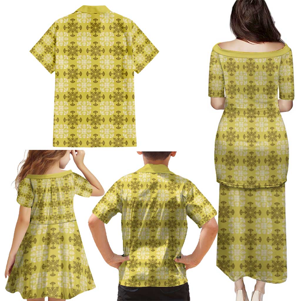 Yellow Hawaiian Quilt Family Matching Puletasi and Hawaiian Shirt Hawaii Pineapple Monstera Palaka Motifs - Polynesian Pride