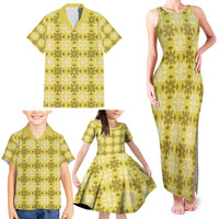 Yellow Hawaiian Quilt Family Matching Tank Maxi Dress and Hawaiian Shirt Hawaii Pineapple Monstera Palaka Motifs - Polynesian Pride