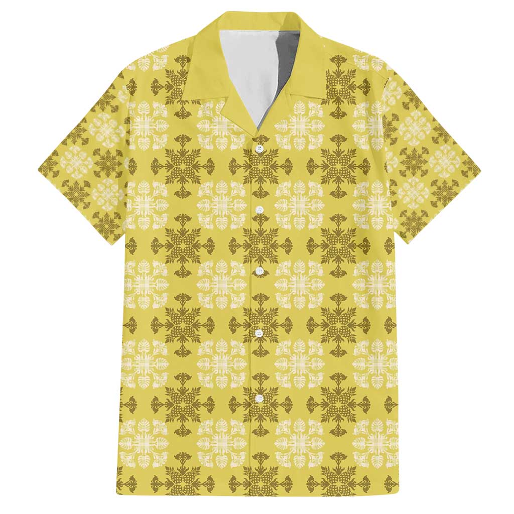 Yellow Hawaiian Quilt Hawaiian Shirt Hawaii Pineapple Monstera Palaka Motifs - Polynesian Pride