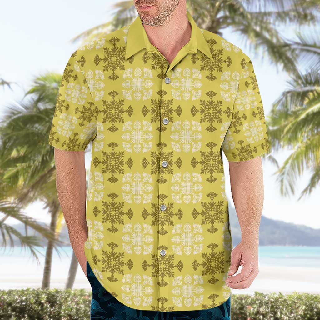 Yellow Hawaiian Quilt Hawaiian Shirt Hawaii Pineapple Monstera Palaka Motifs - Polynesian Pride