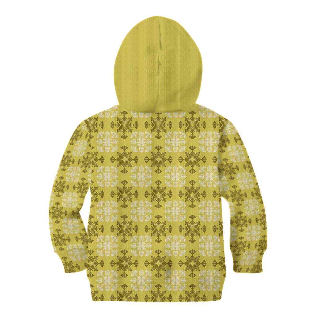 Yellow Hawaiian Quilt Kid Hoodie Hawaii Pineapple Monstera Palaka Motifs - Polynesian Pride