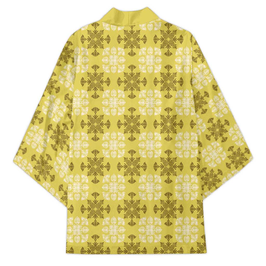 Yellow Hawaiian Quilt Kimono Hawaii Pineapple Monstera Palaka Motifs LT14 - Polynesian Pride