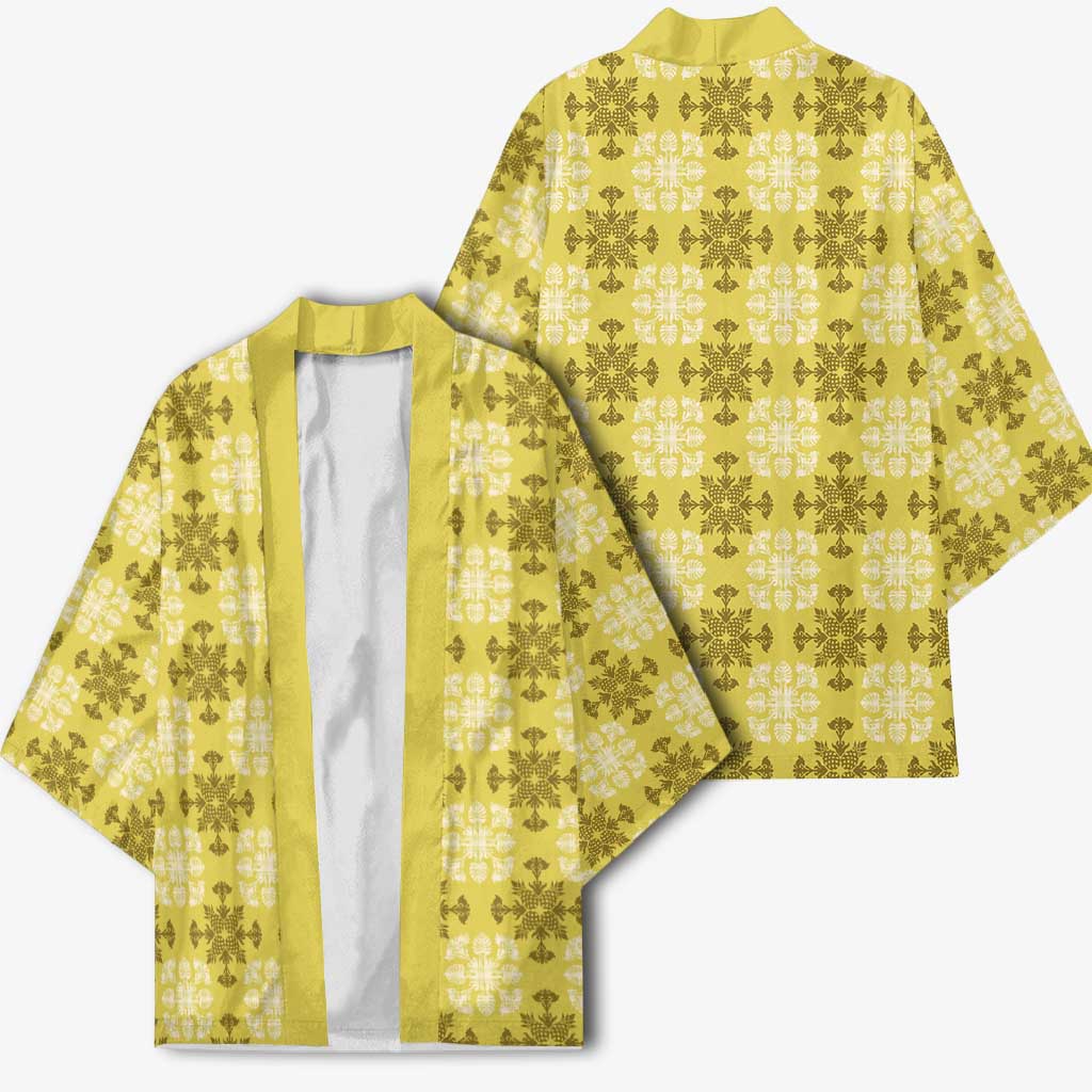 Yellow Hawaiian Quilt Kimono Hawaii Pineapple Monstera Palaka Motifs LT14 - Polynesian Pride