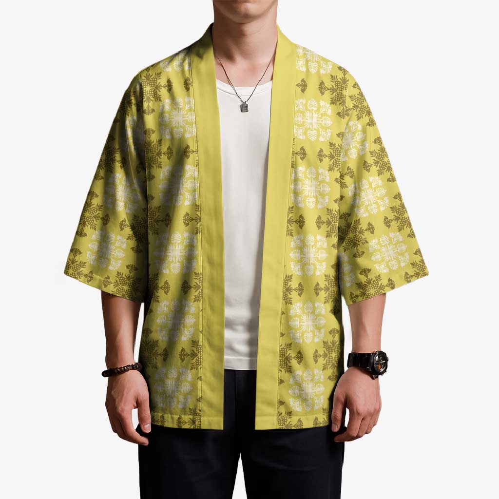 Yellow Hawaiian Quilt Kimono Hawaii Pineapple Monstera Palaka Motifs LT14 - Polynesian Pride