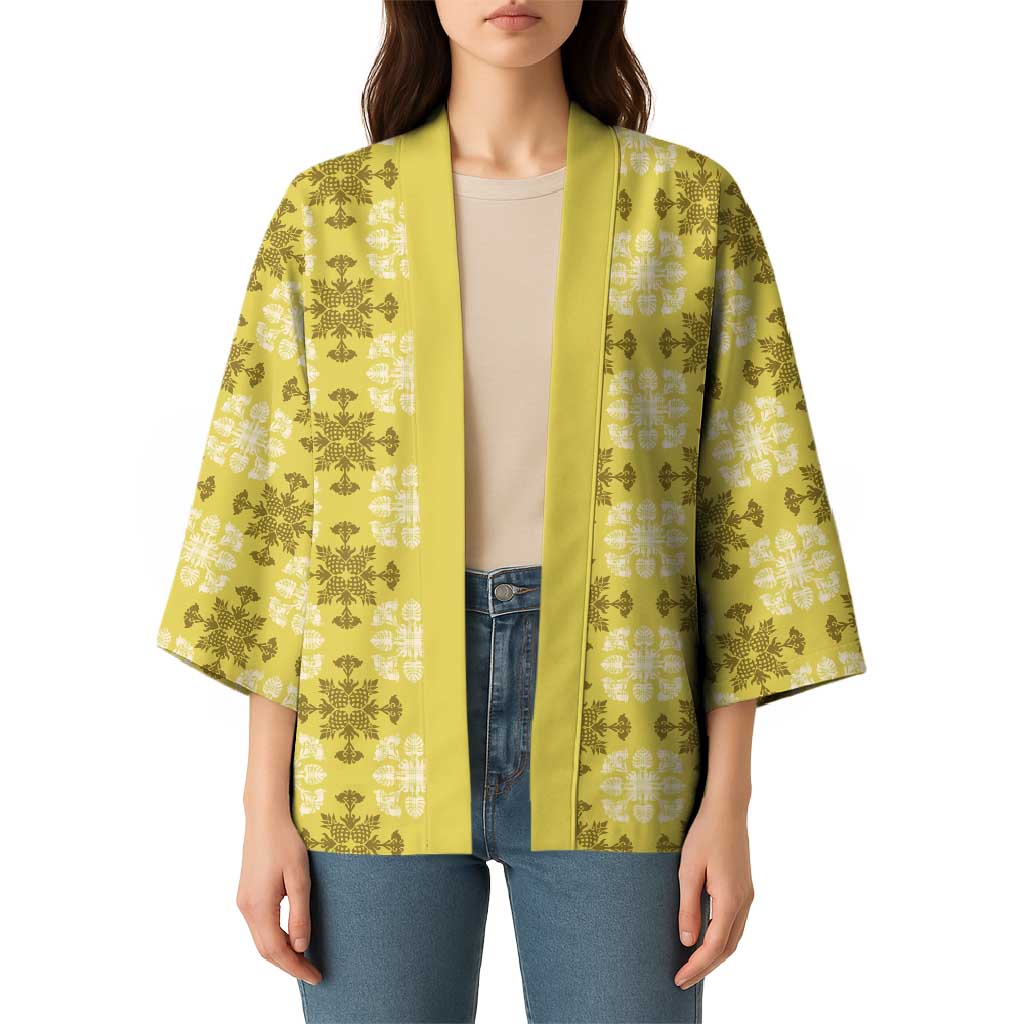 Yellow Hawaiian Quilt Kimono Hawaii Pineapple Monstera Palaka Motifs LT14 - Polynesian Pride