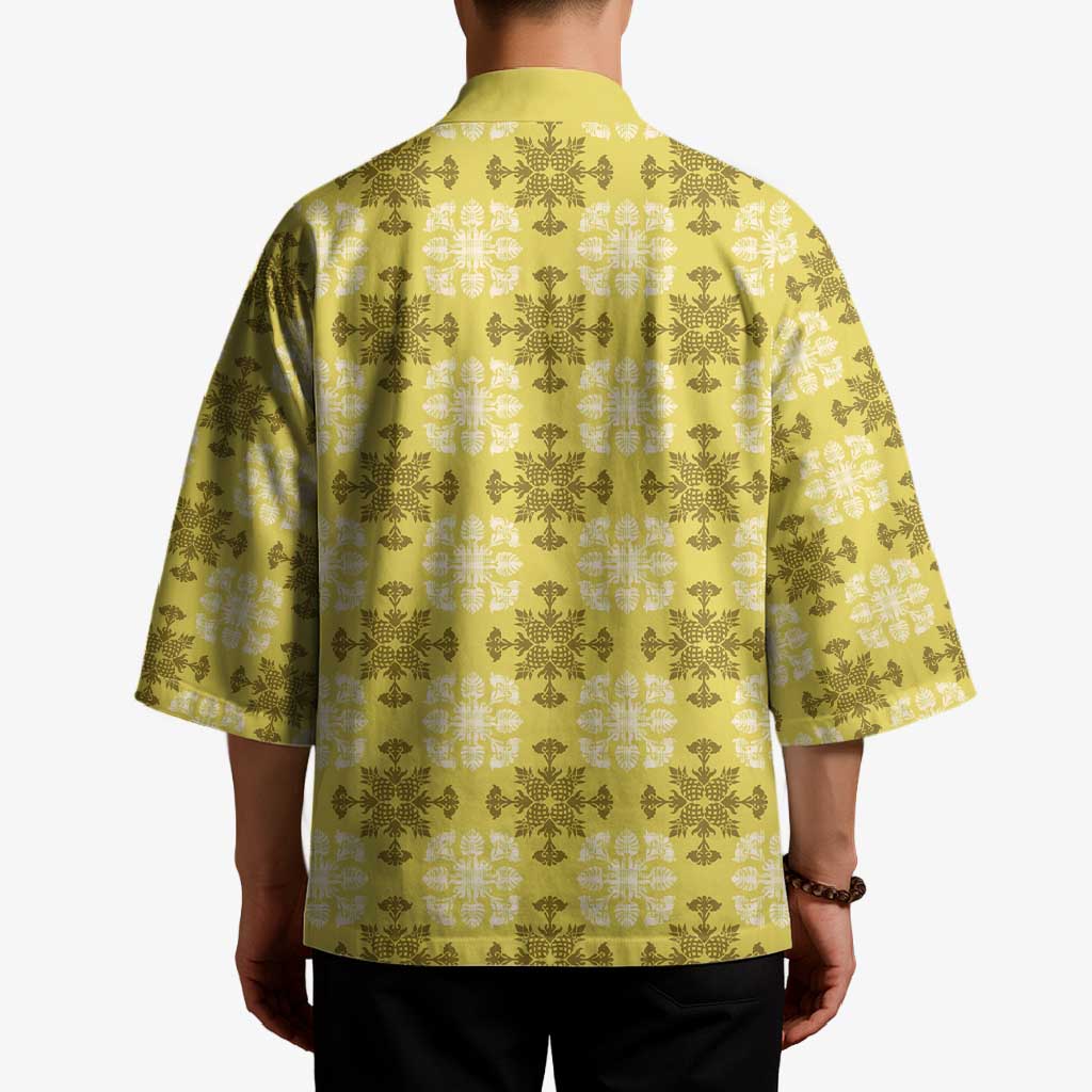Yellow Hawaiian Quilt Kimono Hawaii Pineapple Monstera Palaka Motifs LT14 - Polynesian Pride