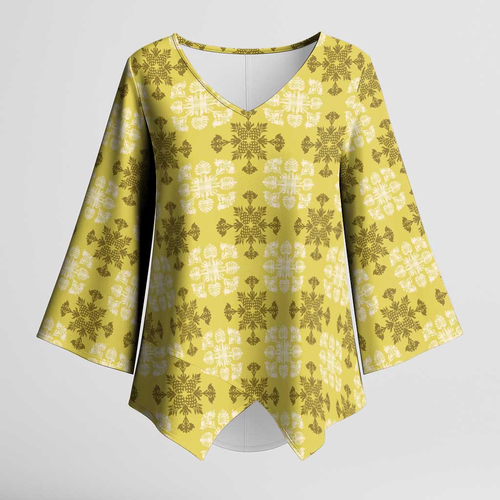 Yellow Hawaiian Quilt Kimono Sleeve Blouse Hawaii Pineapple Monstera Palaka Motifs - Polynesian Pride