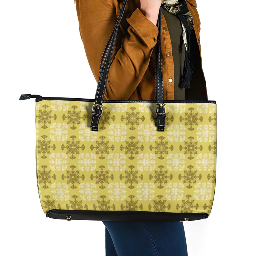 Yellow Hawaiian Quilt Leather Tote Bag Hawaii Pineapple Monstera Palaka Motifs - Polynesian Pride