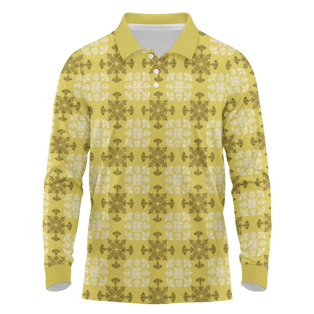 Yellow Hawaiian Quilt Long Sleeve Polo Shirt Hawaii Pineapple Monstera Palaka Motifs LT14 Yellow - Polynesian Pride