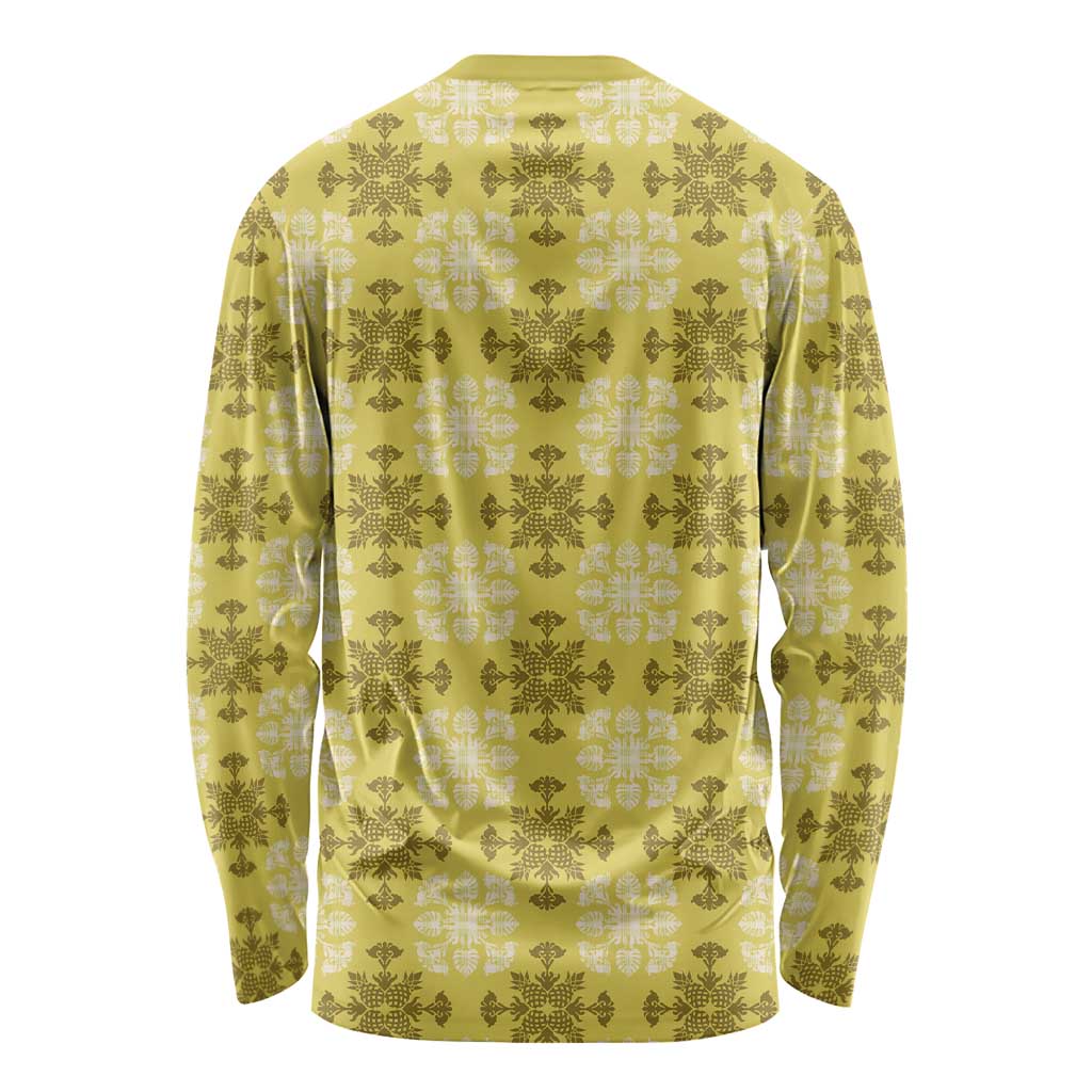 Yellow Hawaiian Quilt Long Sleeve Shirt Hawaii Pineapple Monstera Palaka Motifs - Polynesian Pride