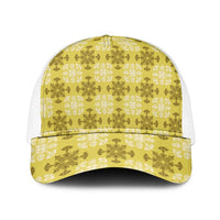 Yellow Hawaiian Quilt Mesh Trucker Cap Hawaii Pineapple Monstera Palaka Motifs - Polynesian Pride