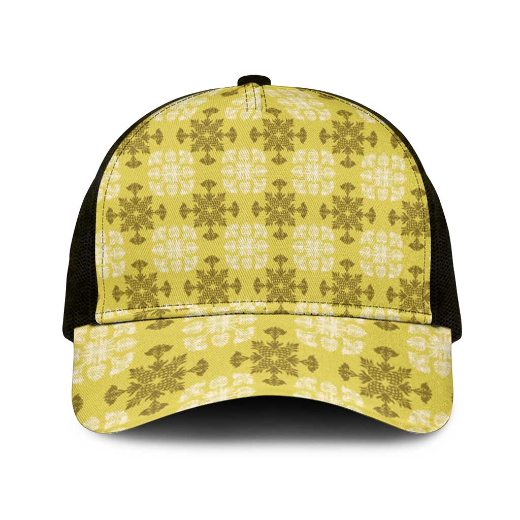 Yellow Hawaiian Quilt Mesh Trucker Cap Hawaii Pineapple Monstera Palaka Motifs - Polynesian Pride