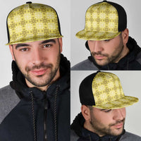 Yellow Hawaiian Quilt Mesh Trucker Cap Hawaii Pineapple Monstera Palaka Motifs - Polynesian Pride