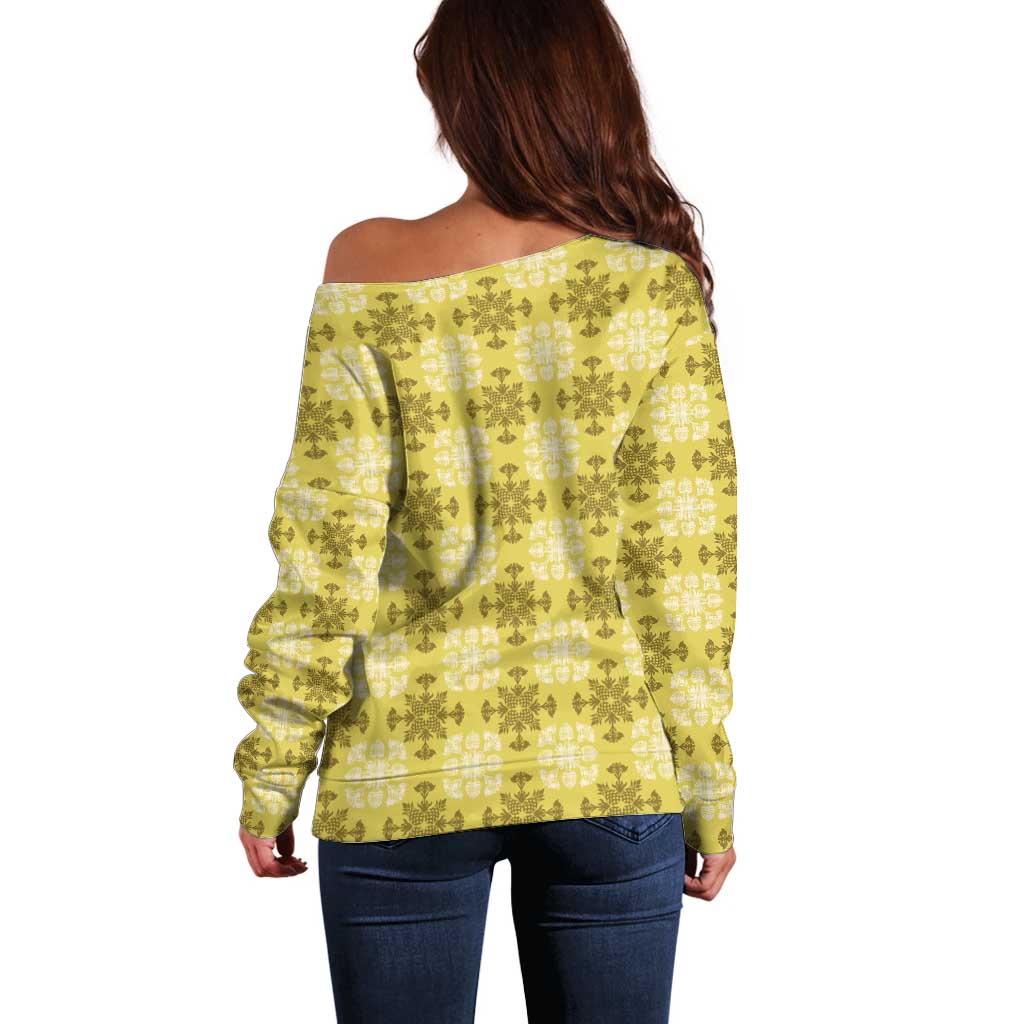 Yellow Hawaiian Quilt Off Shoulder Sweater Hawaii Pineapple Monstera Palaka Motifs LT14 - Polynesian Pride
