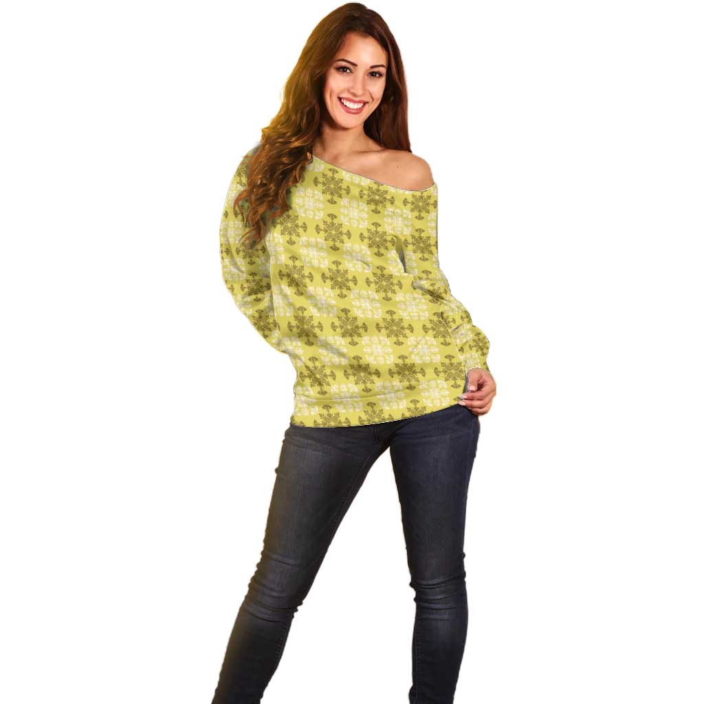 Yellow Hawaiian Quilt Off Shoulder Sweater Hawaii Pineapple Monstera Palaka Motifs LT14 - Polynesian Pride