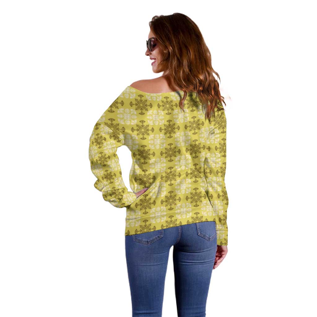 Yellow Hawaiian Quilt Off Shoulder Sweater Hawaii Pineapple Monstera Palaka Motifs LT14 - Polynesian Pride