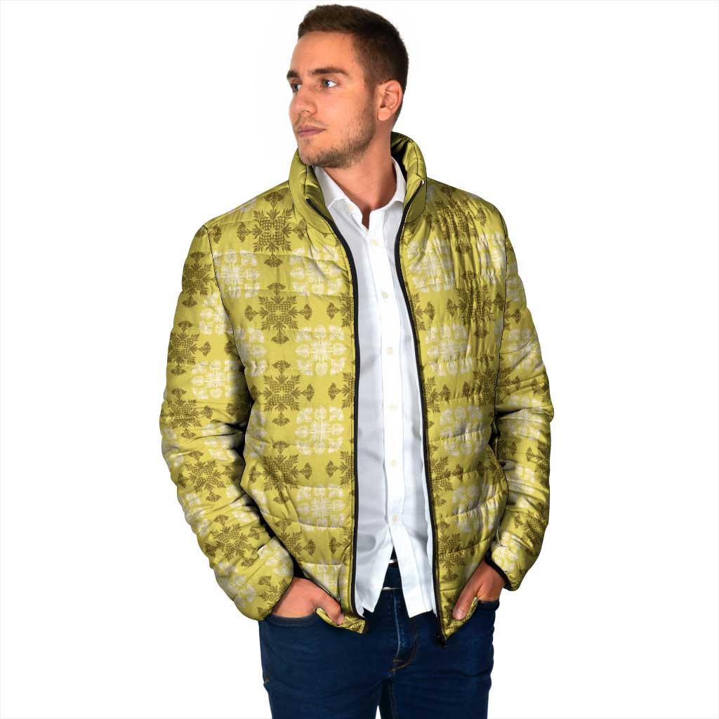 Yellow Hawaiian Quilt Padded Jacket Hawaii Pineapple Monstera Palaka Motifs - Polynesian Pride