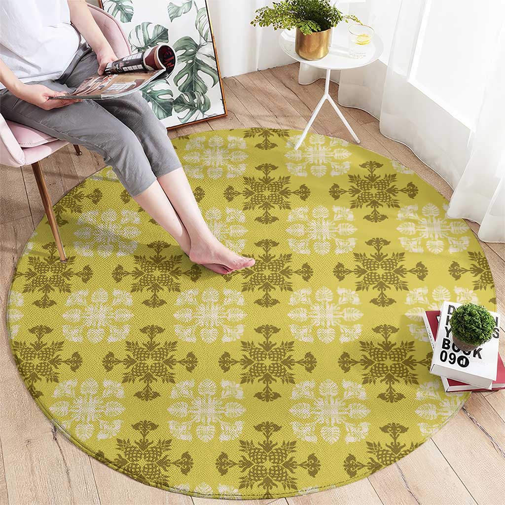 Yellow Hawaiian Quilt Round Carpet Hawaii Pineapple Monstera Palaka Motifs LT14 - Polynesian Pride