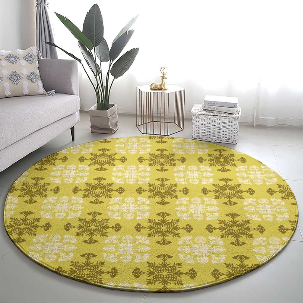 Yellow Hawaiian Quilt Round Carpet Hawaii Pineapple Monstera Palaka Motifs LT14 - Polynesian Pride